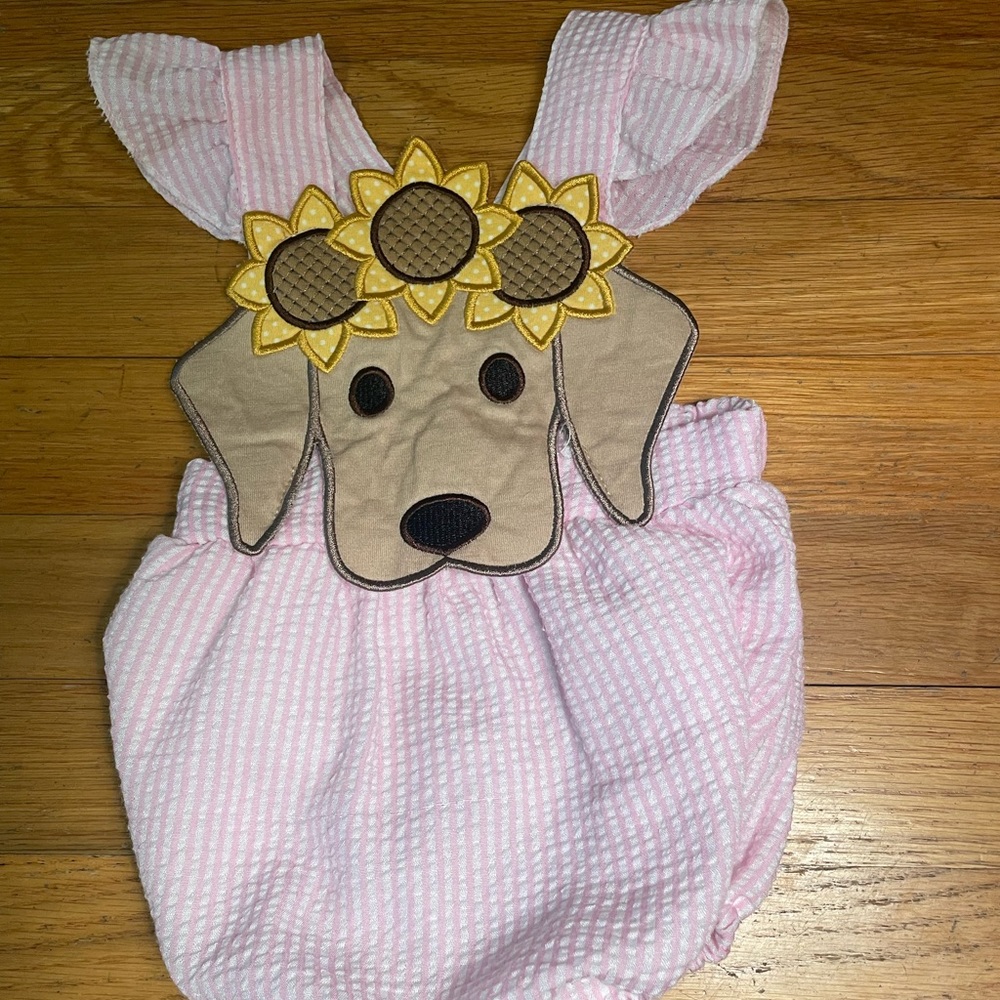 Pink Seersucker Bubble with Puppy head + Sunflower Appliqué - 6M